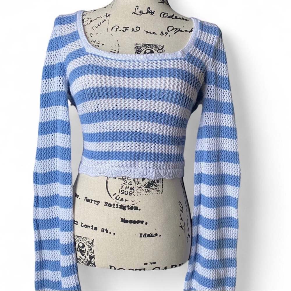 Hollister Blue and White Open-Knit Stripe Sweater